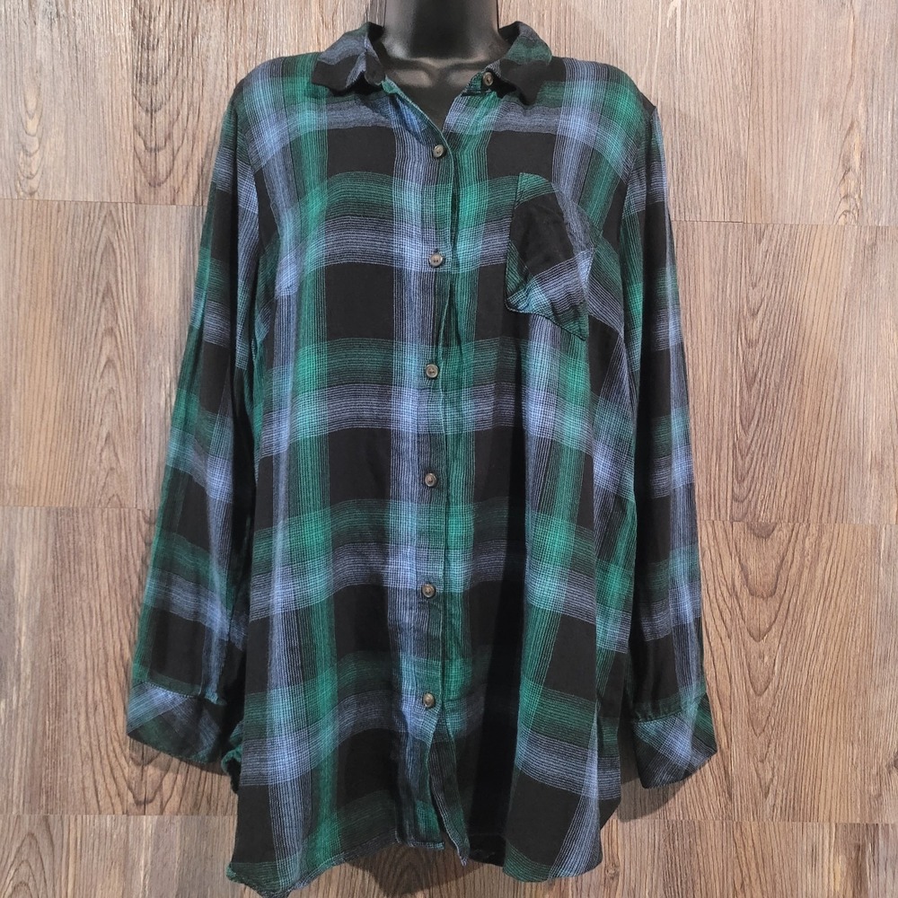 J Jill Plaid Button Up Tunic Size L Black/Green Multi Flannel Collared Soft